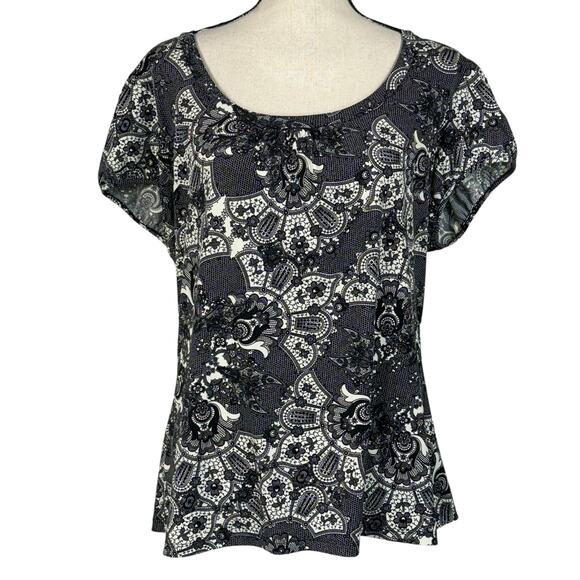 Worthington X-Large Top Geometric Scoop Neck Puff Cap Sleeves Stretch Pleated - Picture 1 of 8